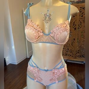 For Love And Lemons Pink and Blue matching Lace Bra and panties size S